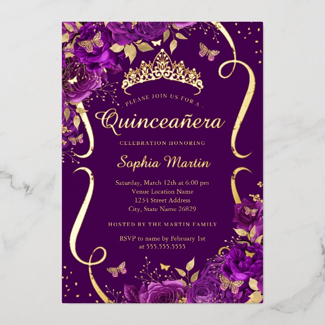 Purple Rose Floral Butterfly Tiara Quinceanera Foil Invitation (Front)