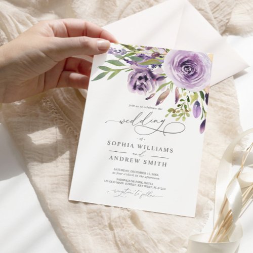 Purple Rose Floral Elegant Wedding Invitation