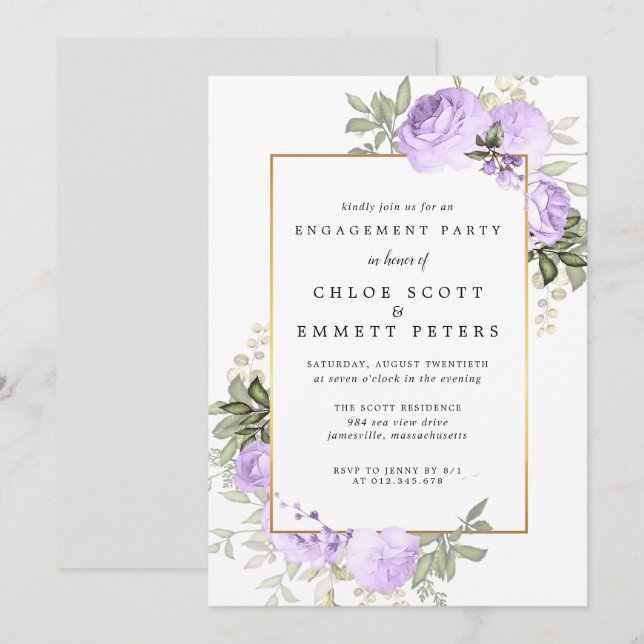 Purple Rose Floral Engagement Party Invitation (Front/Back)