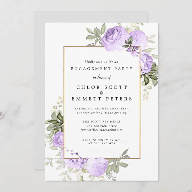 Purple Rose Floral Engagement Party Invitation | Zazzle