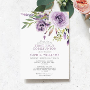 Purple Rose Floral First Holy Communion Invitation