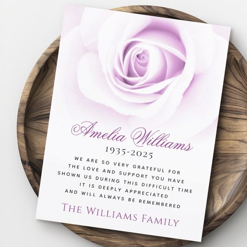 Purple rose floral funeral sympathy thank you card