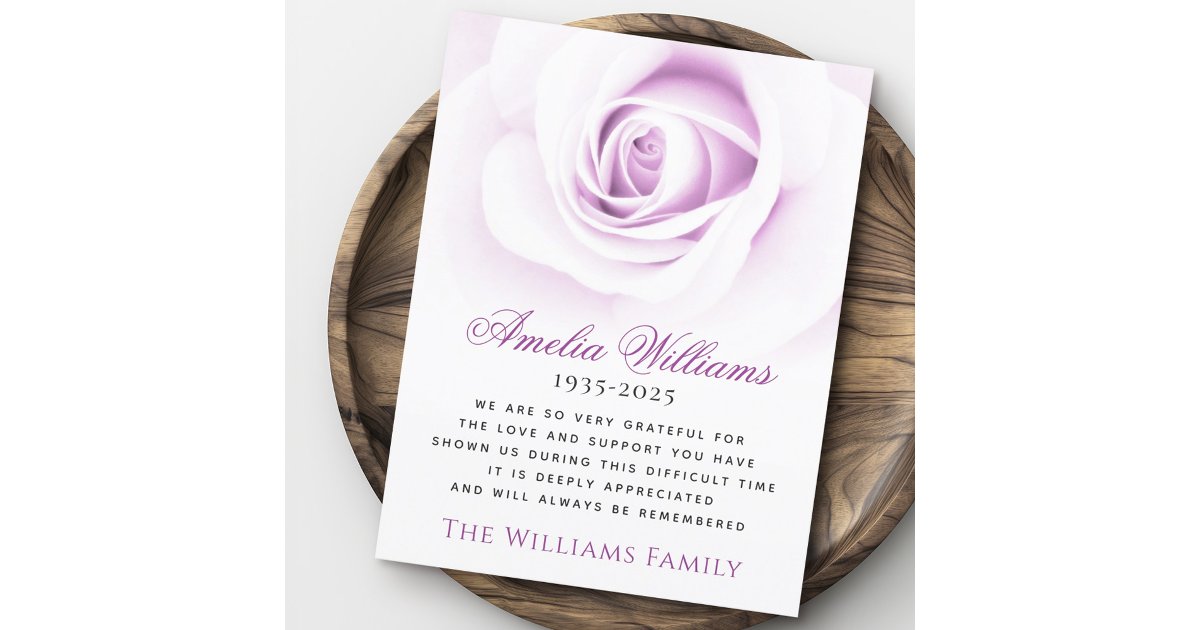 Purple rose floral funeral sympathy thank you card | Zazzle