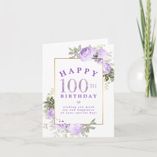 Purple Rose Floral Gold 100th Birthday Invitation (Front)