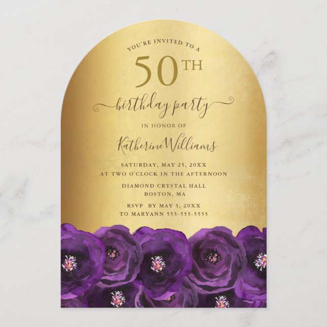 Purple Rose Floral Gold 50th Birthday Party Invitation (Front)