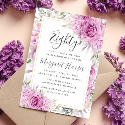 Purple Rose Floral Gold Frame 80th Eighty Birthday Invitation