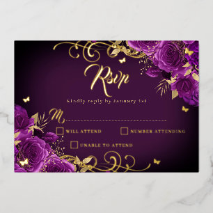 Purple Rose Floral Gold Swirl Gold Quinceanera  Foil Invitation
