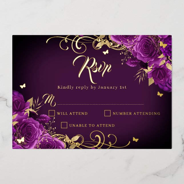Purple Rose Floral Gold Swirl Gold Quinceanera  Foil Invitation (Front)