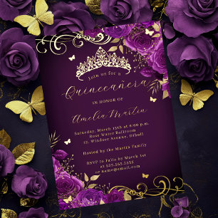 Purple Rose Floral Gold Swirl Quinceanera   Foil Invitation