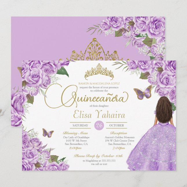 Purple Rose Floral Gold Tiara Butterfly Quince Inv Invitation (Front/Back)