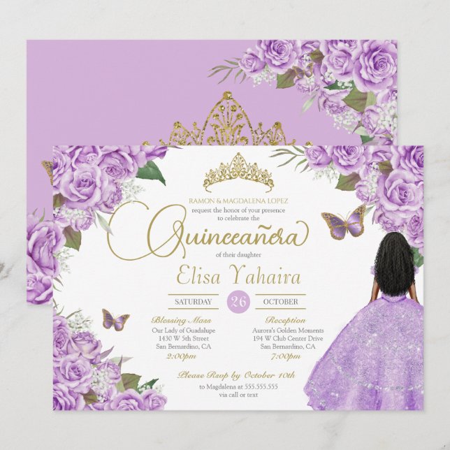 Purple Rose Floral Gold Tiara Butterfly Quince Invitation (Front/Back)