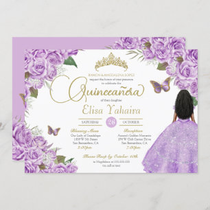 Purple Rose Floral Gold Tiara Butterfly Quince Invitation