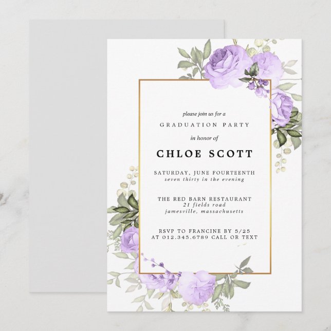 Purple Rose Floral Graduation Invitation (Front/Back)