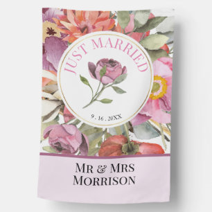 Purple Rose Floral JUST MARRIED Wedding House Flag