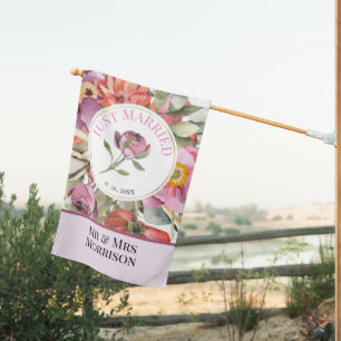 Purple Rose Floral JUST MARRIED Wedding House Flag