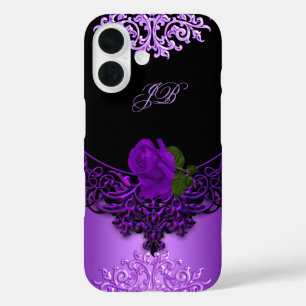 Purple Rose Floral Lace Black iPhone 16 Case