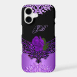 Purple Rose Floral Lace Black iPhone 17 Case<br><div class="desc">Purple Rose Floral Lace Black Monogrammed Classy Elegant Girly Case</div>