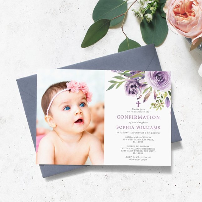 Purple Rose Floral Photo Girl Confirmation Invitation (Creator Uploaded)