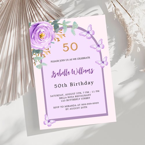 Purple rose floral pink arch butterflies Birthday Invitation