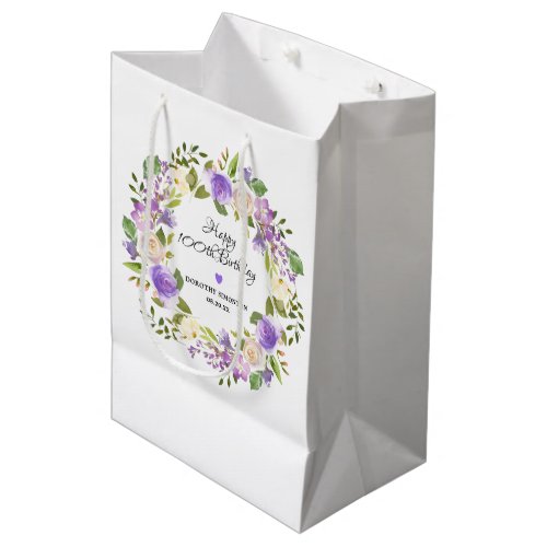 Purple Rose Floral Rustic Wreath 100th Birthday Medium Gift Bag