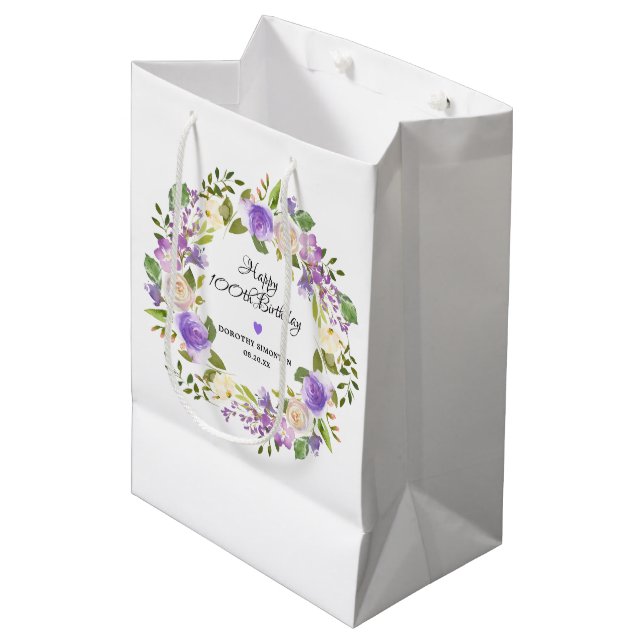 Purple Rose Floral Rustic Wreath 100th Birthday Medium Gift Bag (Front Angled)