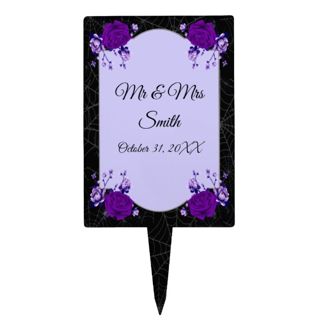 Purple Rose Floral Spiderweb Fall Wedding Cake Topper (Front)