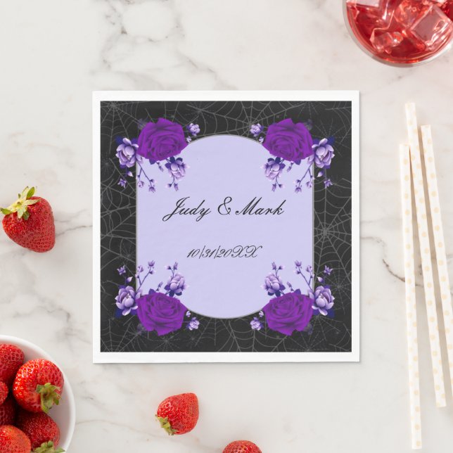 Purple Rose Floral Spiderweb Fall Wedding Napkins (Insitu)