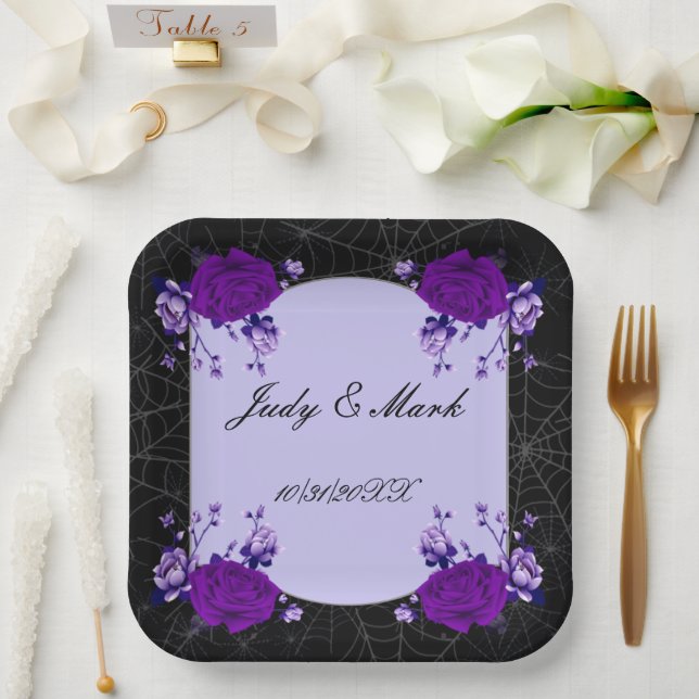 Purple Rose Floral Spiderweb Fall Wedding Paper Plates (Wedding)