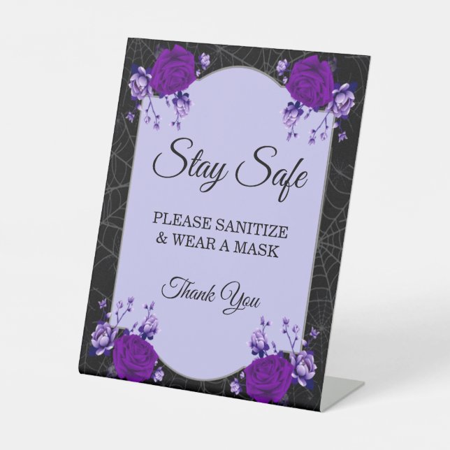 Purple Rose Floral Spiderweb Fall Wedding Safety Pedestal Sign (Front)