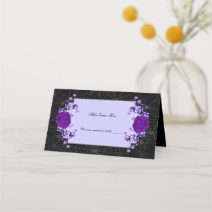 Purple Rose Floral Spiderweb Fall Wedding Table Place Card