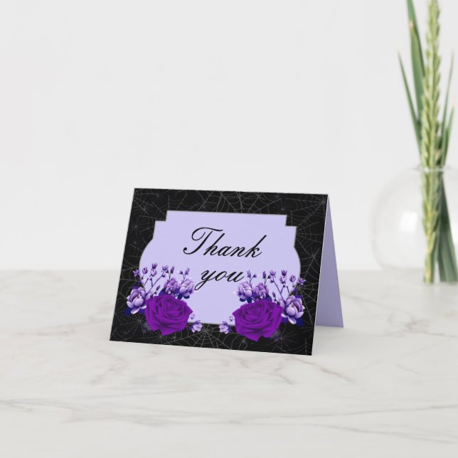 Purple Rose Floral Spiderweb Fall Wedding  Thank You Card (Front)