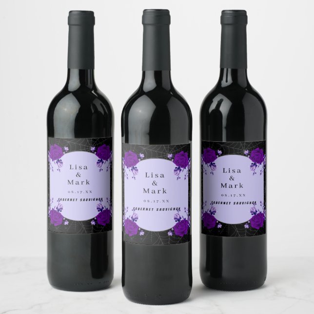 Purple Rose Floral Spiderweb Fall Wedding Wine Label (Bottles)
