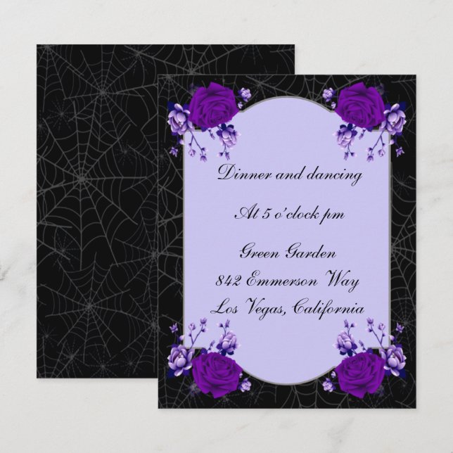 Purple Rose Floral Spiderweb Wedding Reception Invitation (Front/Back)