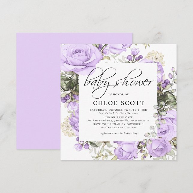 Purple Rose Floral Square Baby Shower Invitation (Front/Back)