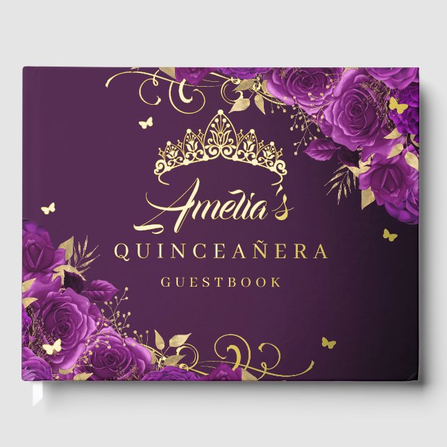Purple Rose Floral Swirl Quinceanera Gold   Foil Guest Book (Front)