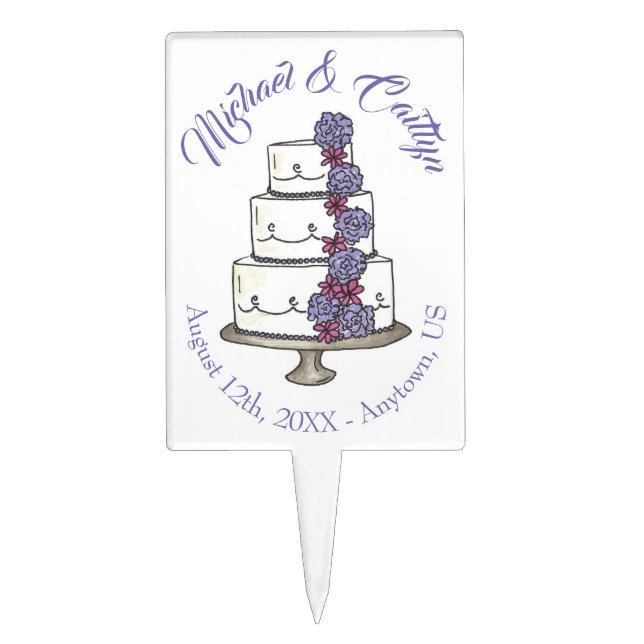 Purple Rose Floral Wedding Cake Bridal Shower Topper (Front)