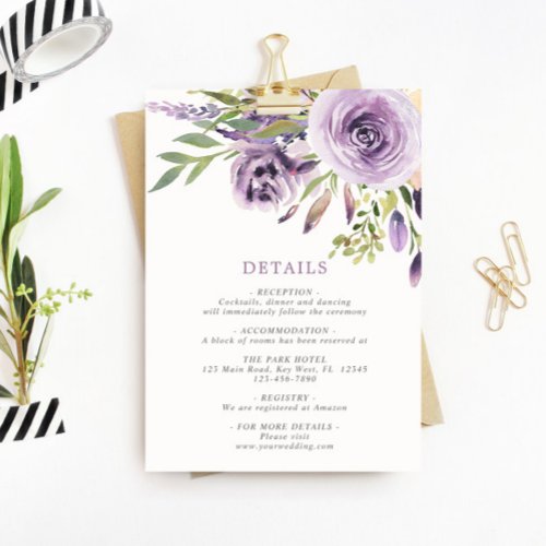 Purple Rose Floral Wedding Details Enclosure Card