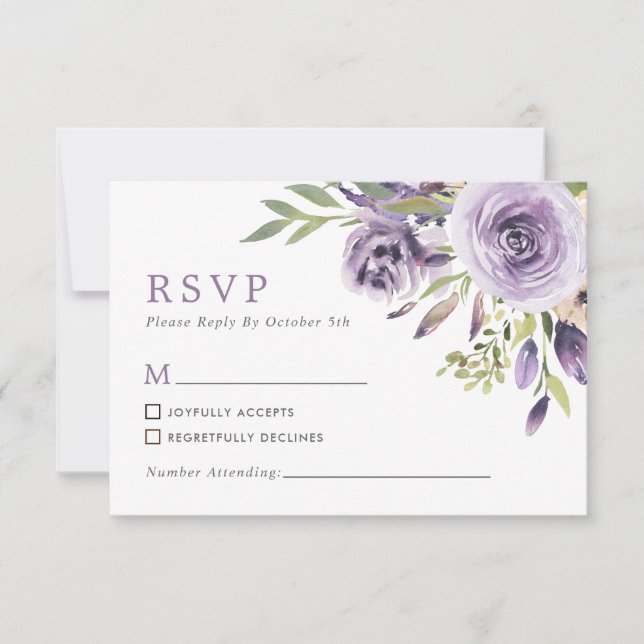 Purple Rose Floral Wedding RSVP Card (Front)