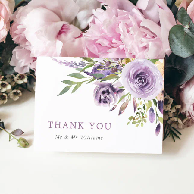 Purple Rose Floral Wedding Thank You Card | Zazzle