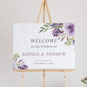 Purple Rose Floral Wedding Welcome Sign