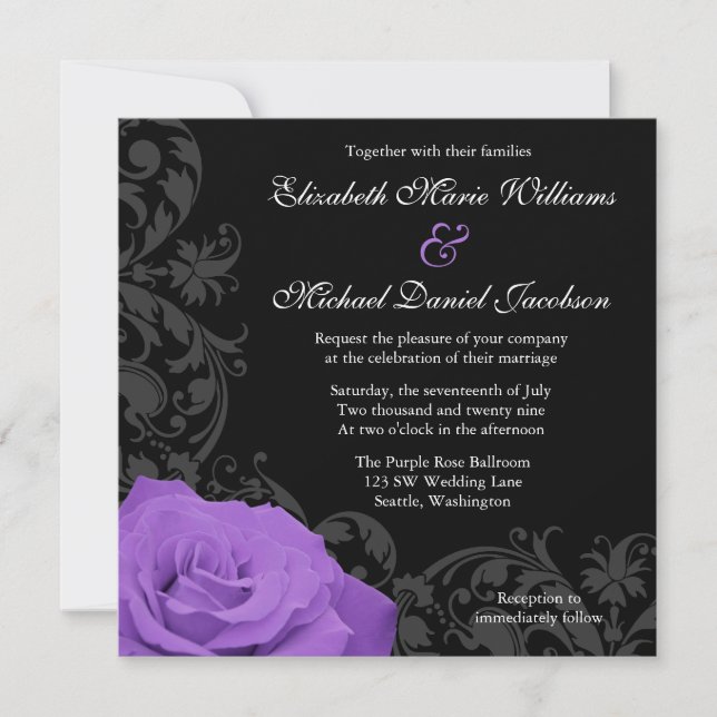 Purple Rose Flourish Wedding Invitation (Front)