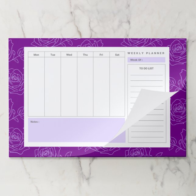 Purple Rose Flower Weekly Planner and to-do List Paper Pad (Folded)