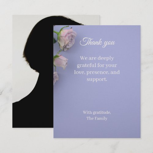 Purple rose funeral thank you card with photo