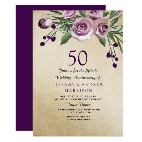 Purple Rose Gold 50th Wedding Anniversary Invite 