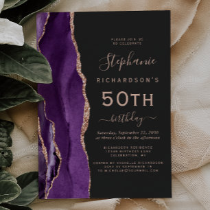 Purple Rose Gold Agate Dark 50th Birthday Invitation