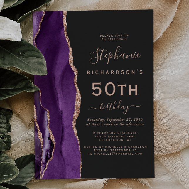 Purple Rose Gold Agate Dark 50th Birthday Invitation (Creator Uploaded)