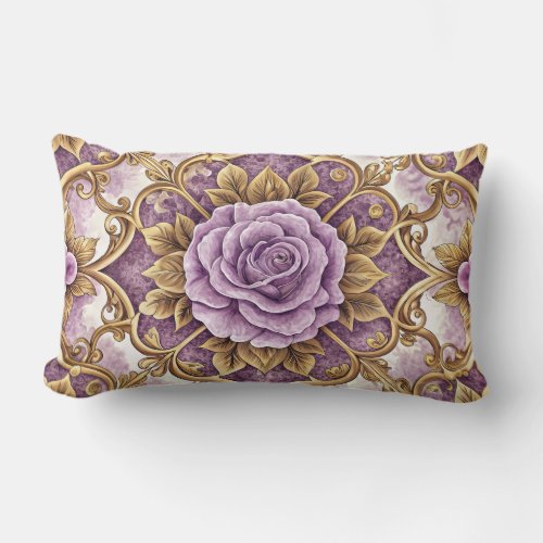 Purple Rose & Gold Baroque Elegant Vintage Floral Lumbar Pillow