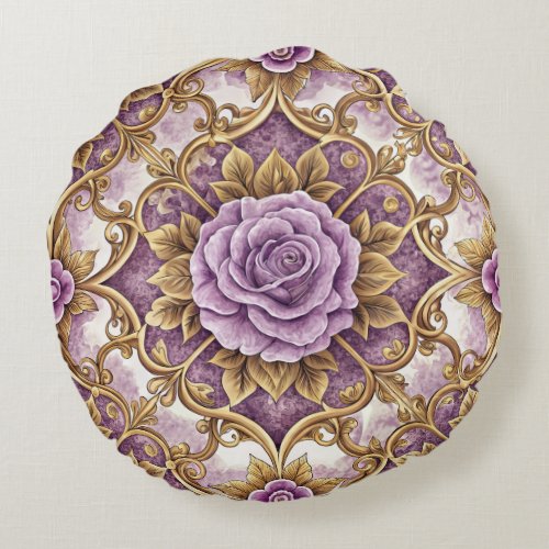 Purple Rose & Gold Baroque Elegant Vintage Floral Round Pillow