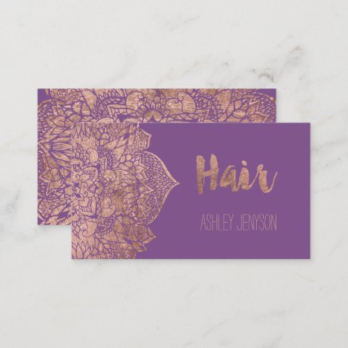 Purple rose gold boho mandala hair typography business card