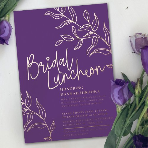 Purple rose gold branch of leaves bridal luncheon foil invitation